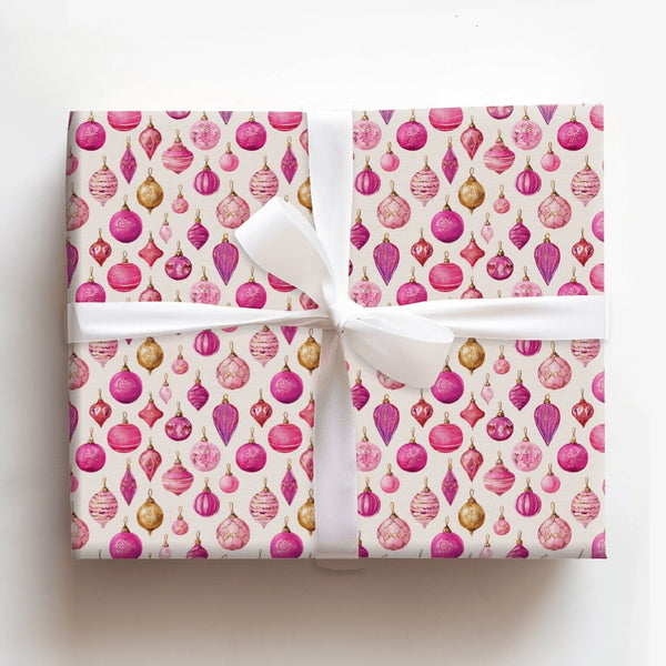 Watercolor Ornament Gift Wrap, Pink and Gold Christmas Wrapping Paper, Holiday Baubles Wrapping Paper, Xmas Gift Wrap, Festiv