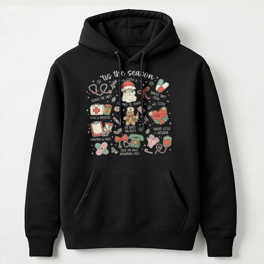Adorable Holiday Medical Icons Hoodie, Nurse Christmas Hoodie, RN LPN CNA Winter Hoodie, Healthcare Worker Hooded Sweatshirt,