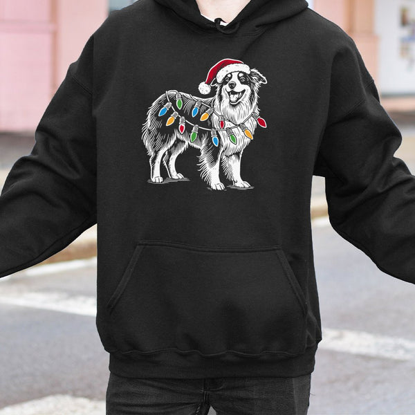 Santa Hat Aussie Dog Hoodie, Australian Shepherd Christmas Hoodie, Adorable Dog Lover Holiday Hoodie, Winter Animal Hooded Sw