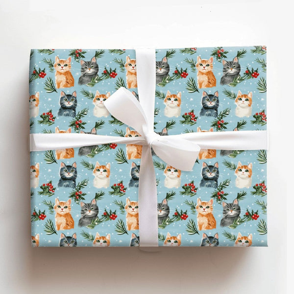 Adorable Kitten Holiday Gift Wrap, Christmas Cat Wrapping Paper, Festive Winter Cat Lover Wrapping Paper, Holly Pine Pet Love