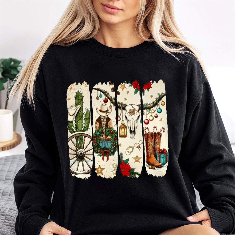 Western Holiday Sweatshirt, Cowgirl Christmas Sweatshirt, Cowboy Boots Xmas Sweatshirt, Festive Country Crewneck, Holiday Pre
