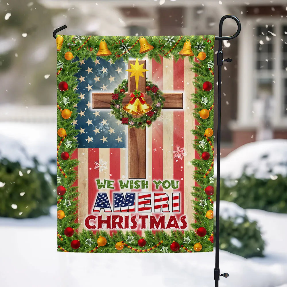 Double Sided Patriotic Lawn Flag, Christian Cross American Flag Garden Flag We Wish You Ameri Christmas Yard Flag, Holiday Ya