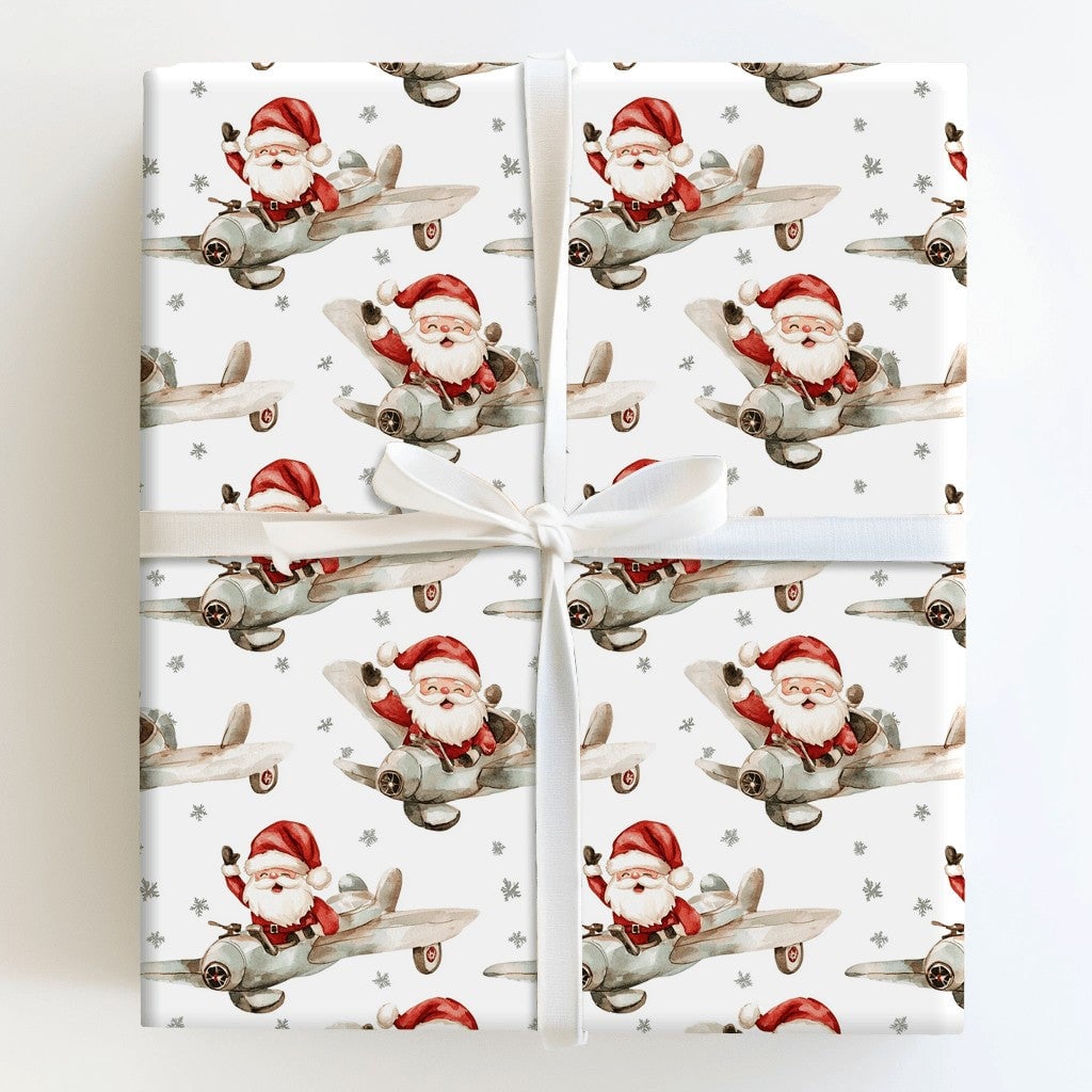 Vintage Flying Santa Gift Wrap, Airplane Santa Wrapping Paper, Watercolor Pilot Santa Christmas Paper, Retro Aviation Gift Wr