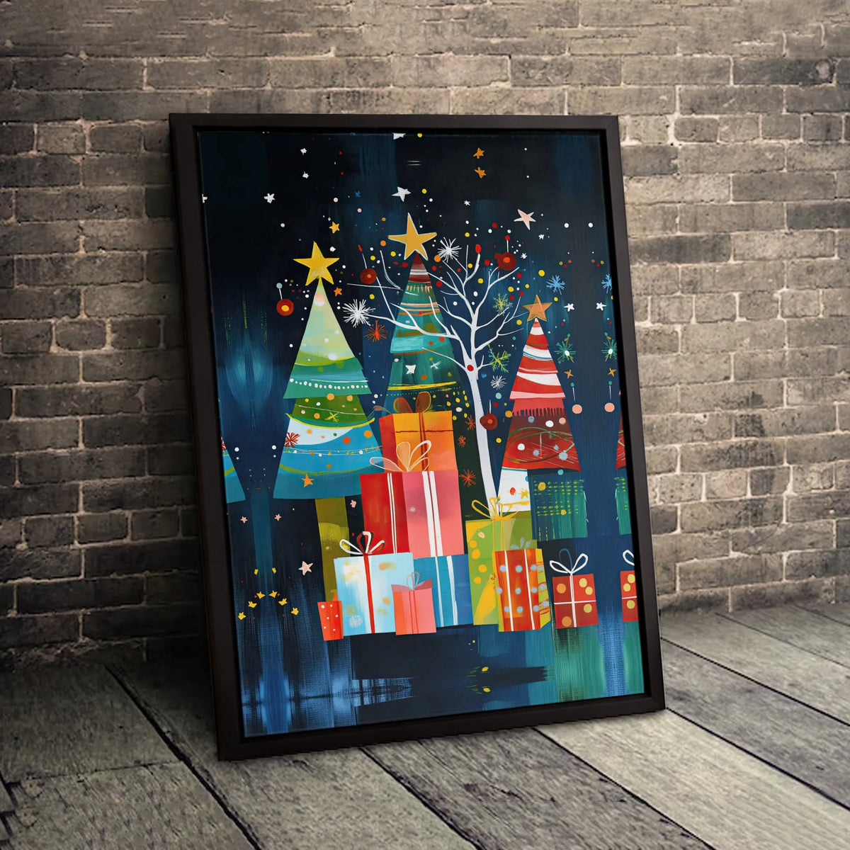 Colorful Holiday Gift Boxes Art, Abstract Christmas Tree Wall Art Print, Canvas Art Digital Download, Festive Holiday Home De