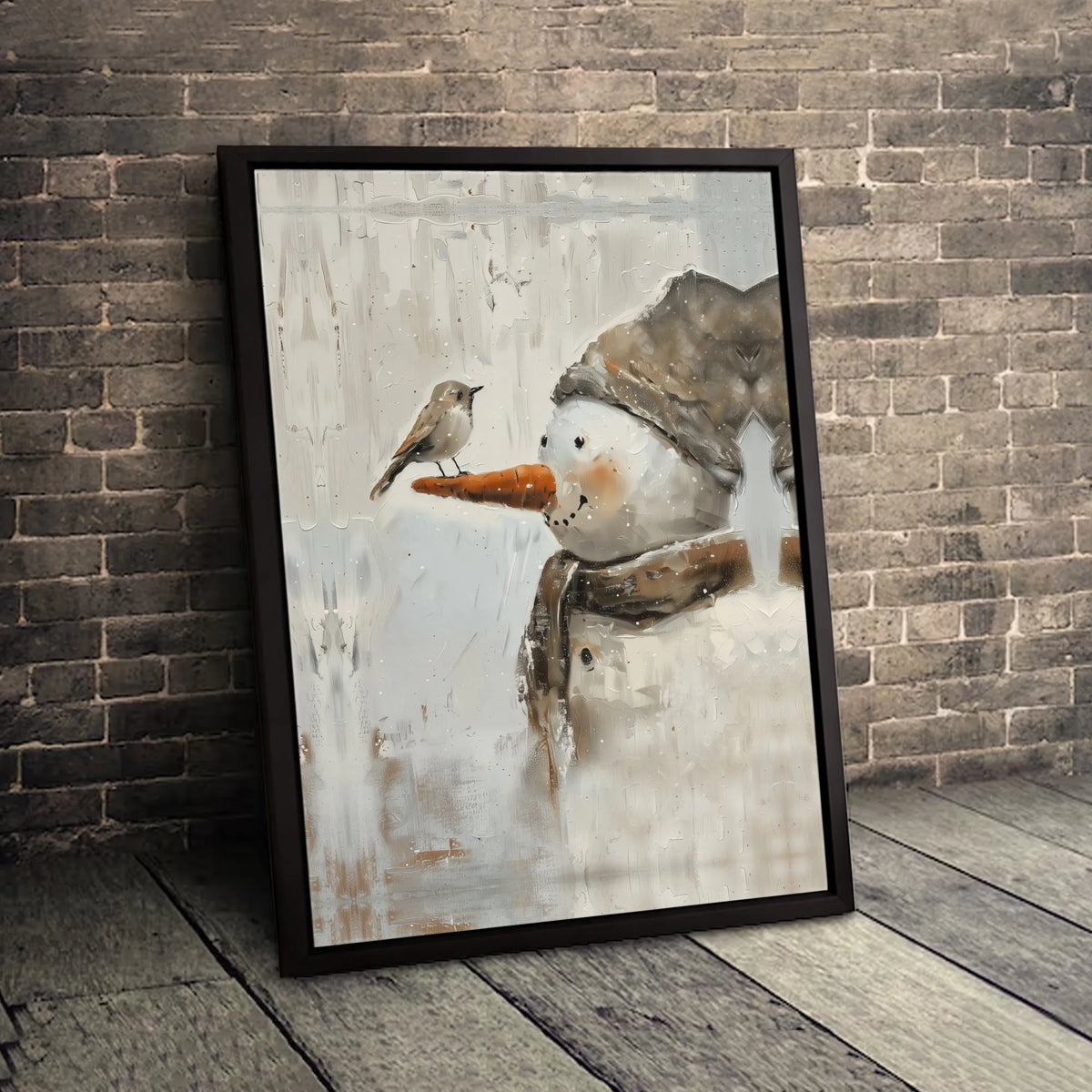 Impressionist Snow Scene Painting, Snowman and Bird Winter Wall Art Canvas Print, Farmhouse Christmas Holiday Poster, Digital