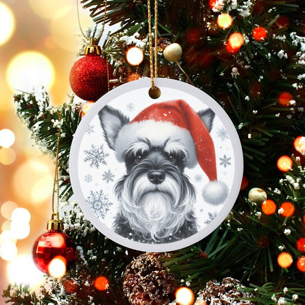 Santa Hat Schnauzer Dog Ornament, Miniature Schnauzer Christmas Ornament, Ceramic Puppy Tree Ornament, Schnauzer Lover Keepsa