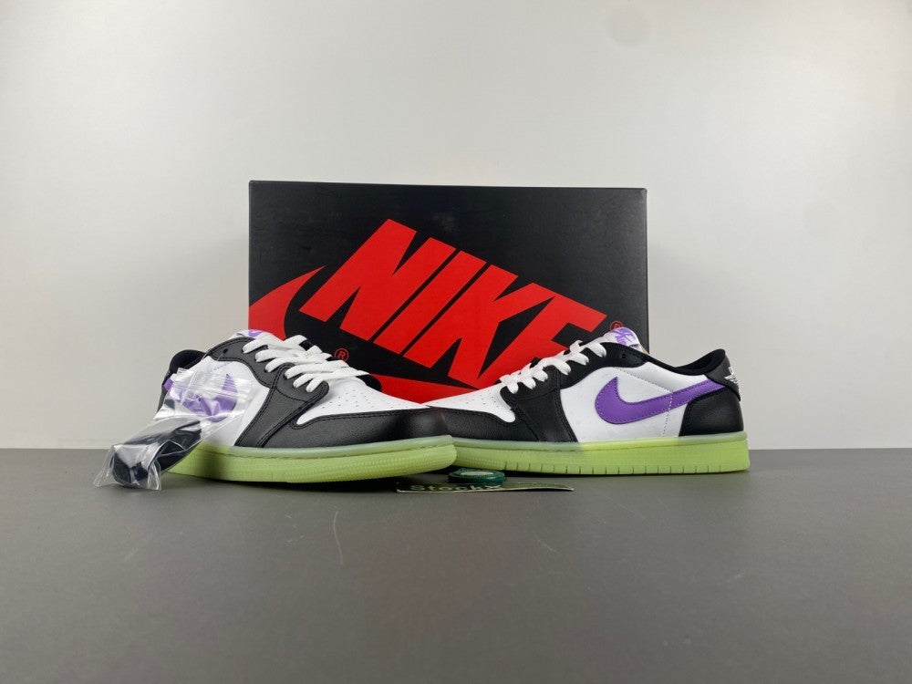 Retro Low Top Sneakers, Neon Green White Black Purple Colorway, Lace Up Design, Casual Gift for Sneaker Fans