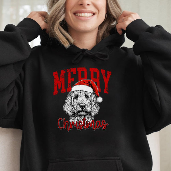 Santa Hat Dog Holiday Hoodie, Labradoodle Merry Christmas Hoodie, Adorable Puppy Christmas Hoodie, Dog Lover Pullover Sweatsh