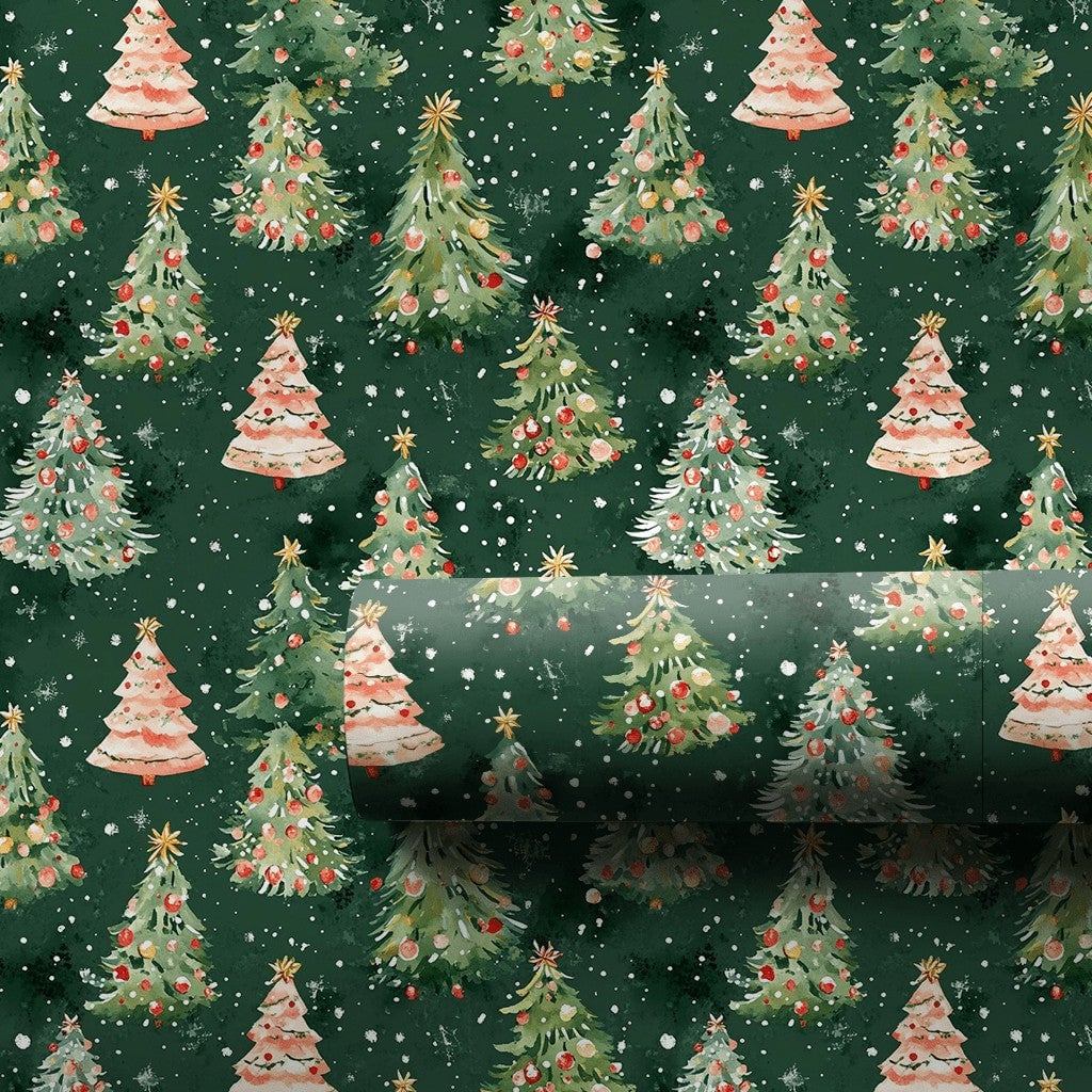 Forest Tree Holiday Gift Wrap, Watercolor Christmas Tree Wrapping Paper, Snowy Winter Wrapping Paper, Festive Xmas Gift Wrap 