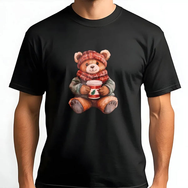 Adorable Holiday Coffee Drinking Teddy Bear Graphic Tee, Christmas Bear T-Shirt, Comfy Winter Festive Shirt, Christmas Season