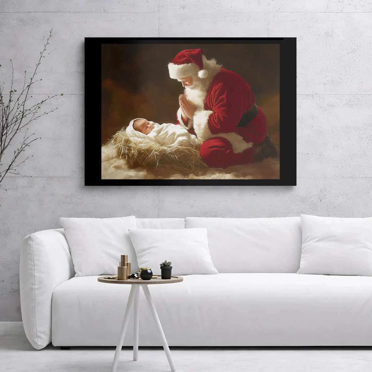 Nativity Scene Wall Art, Santa Kneeling at Manger Canvas, Religious Christmas Canvas Print, Christian Holiday Canvas, Christi