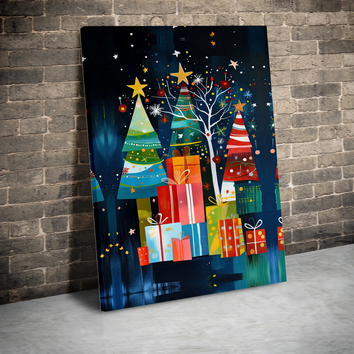 Colorful Holiday Gift Boxes Art, Abstract Christmas Tree Wall Art Print, Canvas Art Digital Download, Festive Holiday Home De