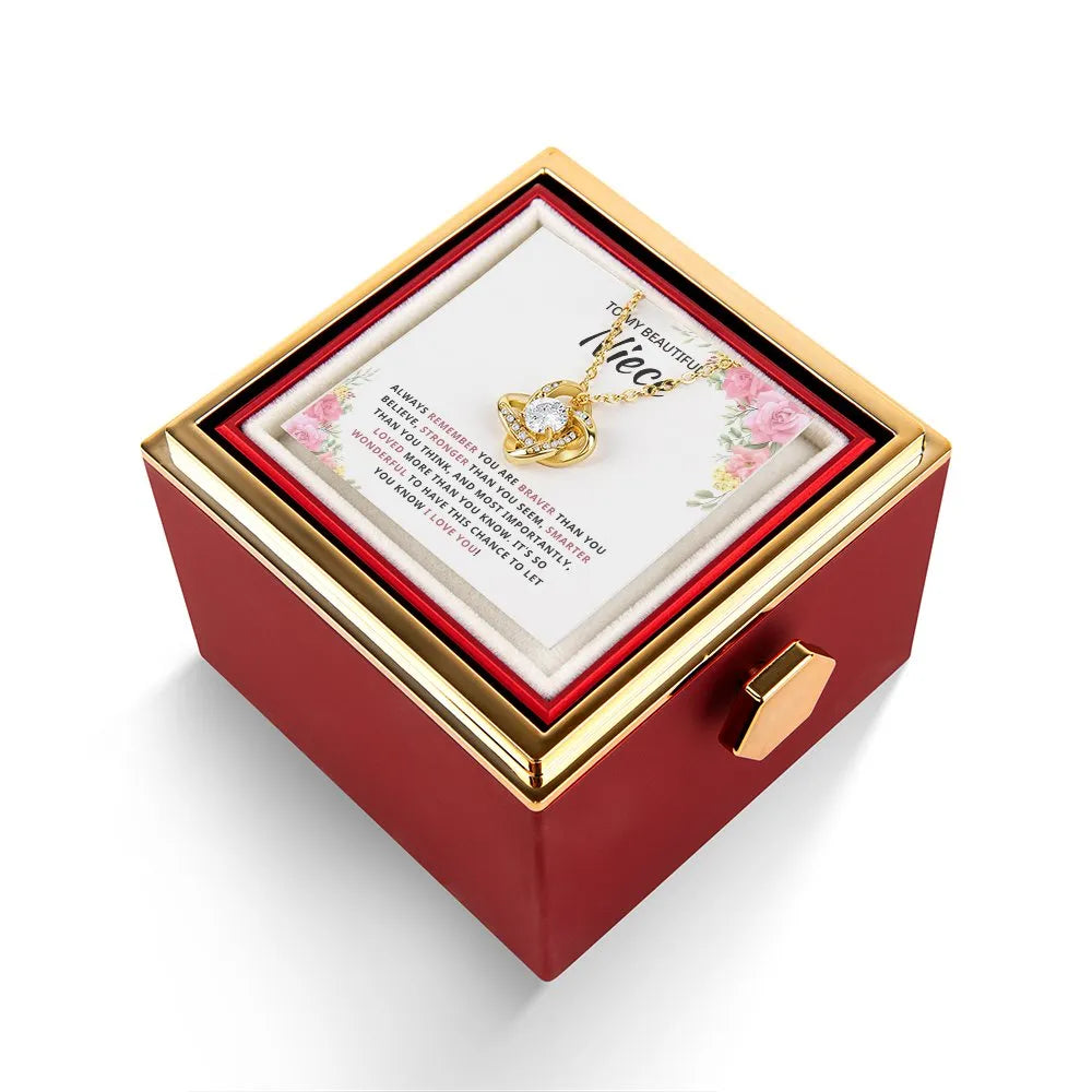 Gold CZ Crystal Pendant Jewelry, Niece Love Knot Necklace with Rotating Rose Box, Birthday Present for Niece, Christmas Prese