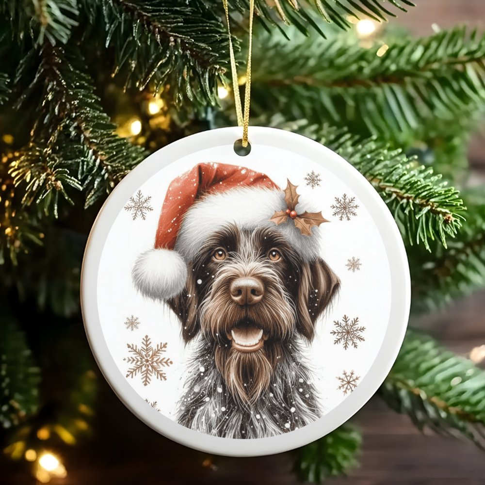 Santa Hat Dog Ceramic Ornament, German Wirehaired Pointer Christmas Ornament, Hunting Dog Holiday Tree Ornament, Pet Lover Xm