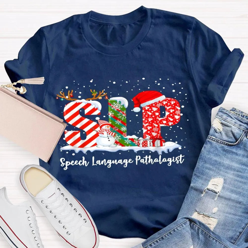 Speech Language Pathologist Tee, SLP Snowman Christmas Shirt, Holiday Speech Therapist T-Shirt, Winter SLP Graphic Tee, Speec