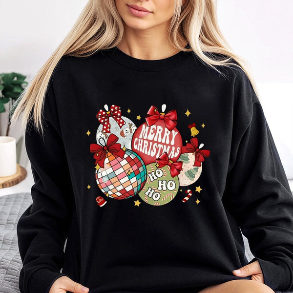 Disco Ball Holiday Graphic Crewneck, Retro Christmas Ornaments Sweatshirt, Coquette Bow Xmas Sweater, Festive Winter Holiday 