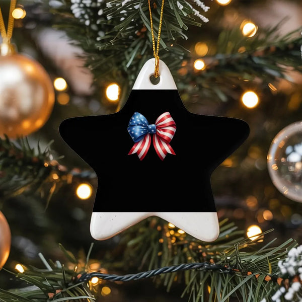 USA Patriotic Bow Holiday Ornament, Coquette American Flag Star Ceramic Ornament, Star Shaped Ceramic Keepsake, 4th of July C