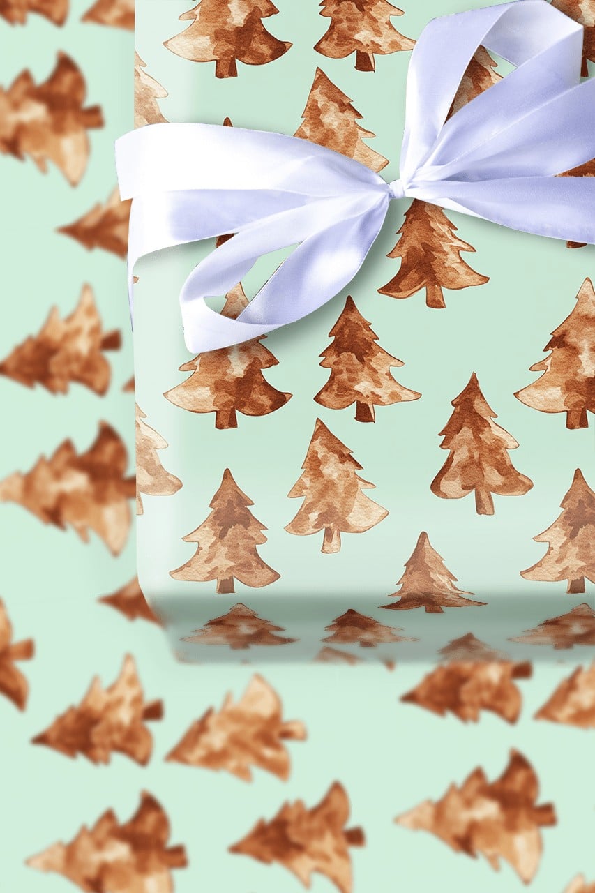 Rustic Pine Tree Gift Wrap Roll, Watercolor Christmas Tree Wrapping Paper, Mint Green Holiday Present Paper, Minimalist Winte