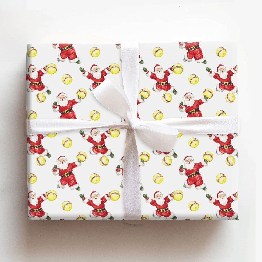 Sports Santa Holiday Gift Wrap Roll, Pitching Santa Softball Christmas Wrapping Paper, Fastpitch Present Paper, Athlete Gift 