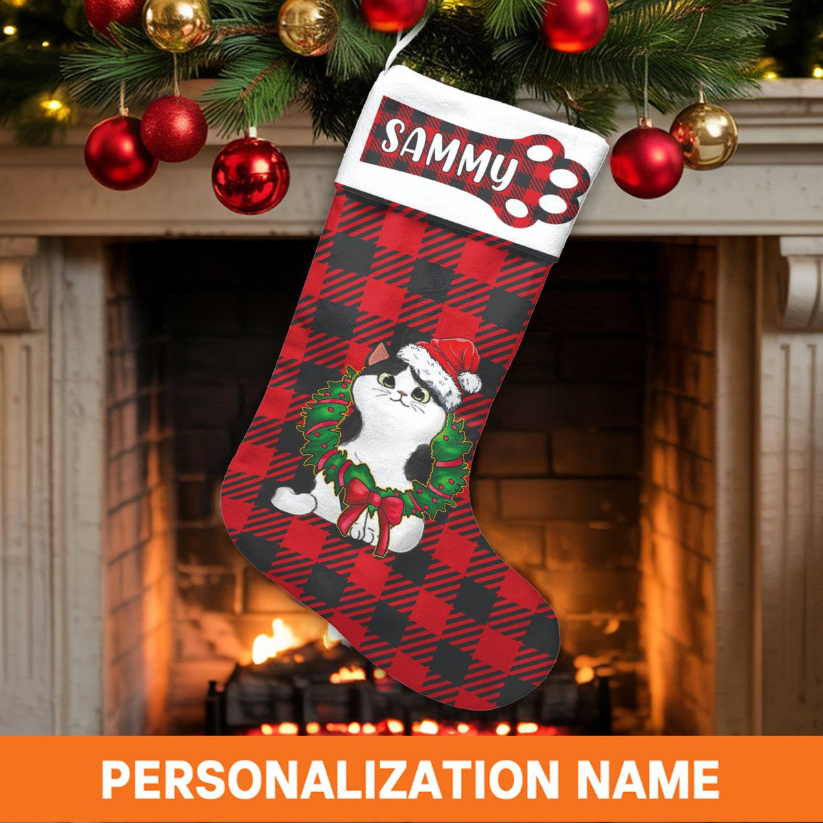 Custom Name Pet Holiday Stocking, Personalized Buffalo Plaid Cat Christmas Stocking, Red Plaid Christmas Stocking, Velboa Cat