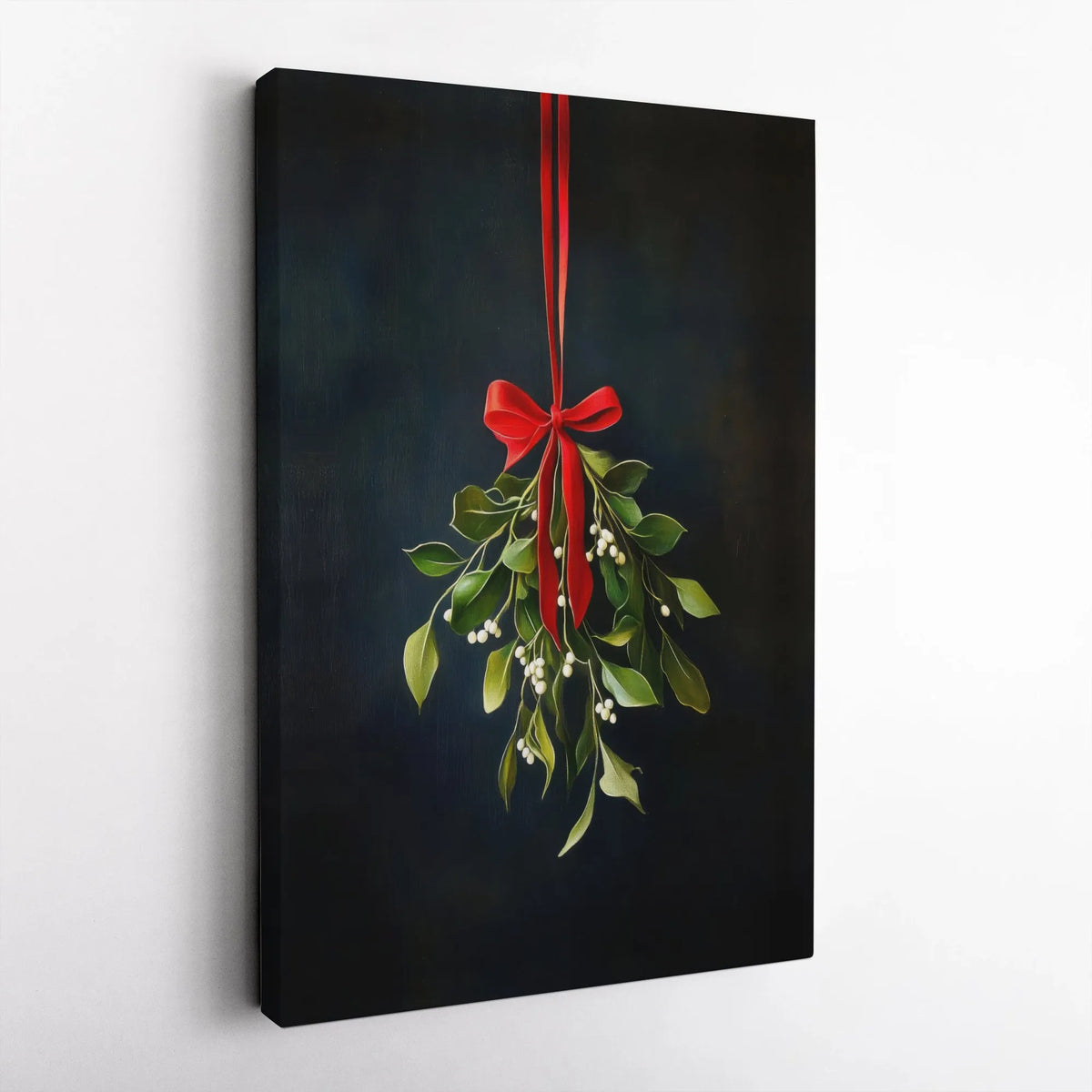 Hanging Mistletoe with Red Ribbon Canvas Print, Mistletoe Canvas Wall Art, Minimalist Holiday Canvas, Christmas Botanical Wal