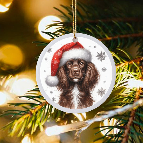 Santa Hat Dog Ornament, Brown Spaniel Christmas Ornament, Ceramic Holiday Pet Keepsake, Festive Tree Decoration, Dog Mom Pres
