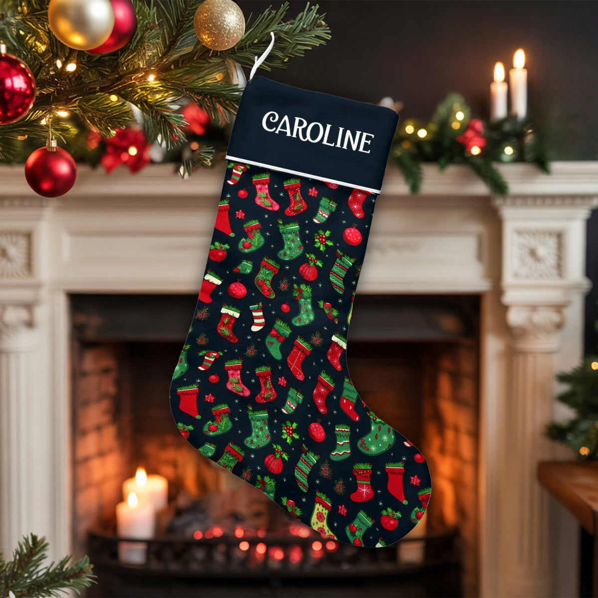 Custom Name Holiday Stocking, Personalized Red and Green Ornament Christmas Stocking, Festive Xmas Stocking, Family Holiday D