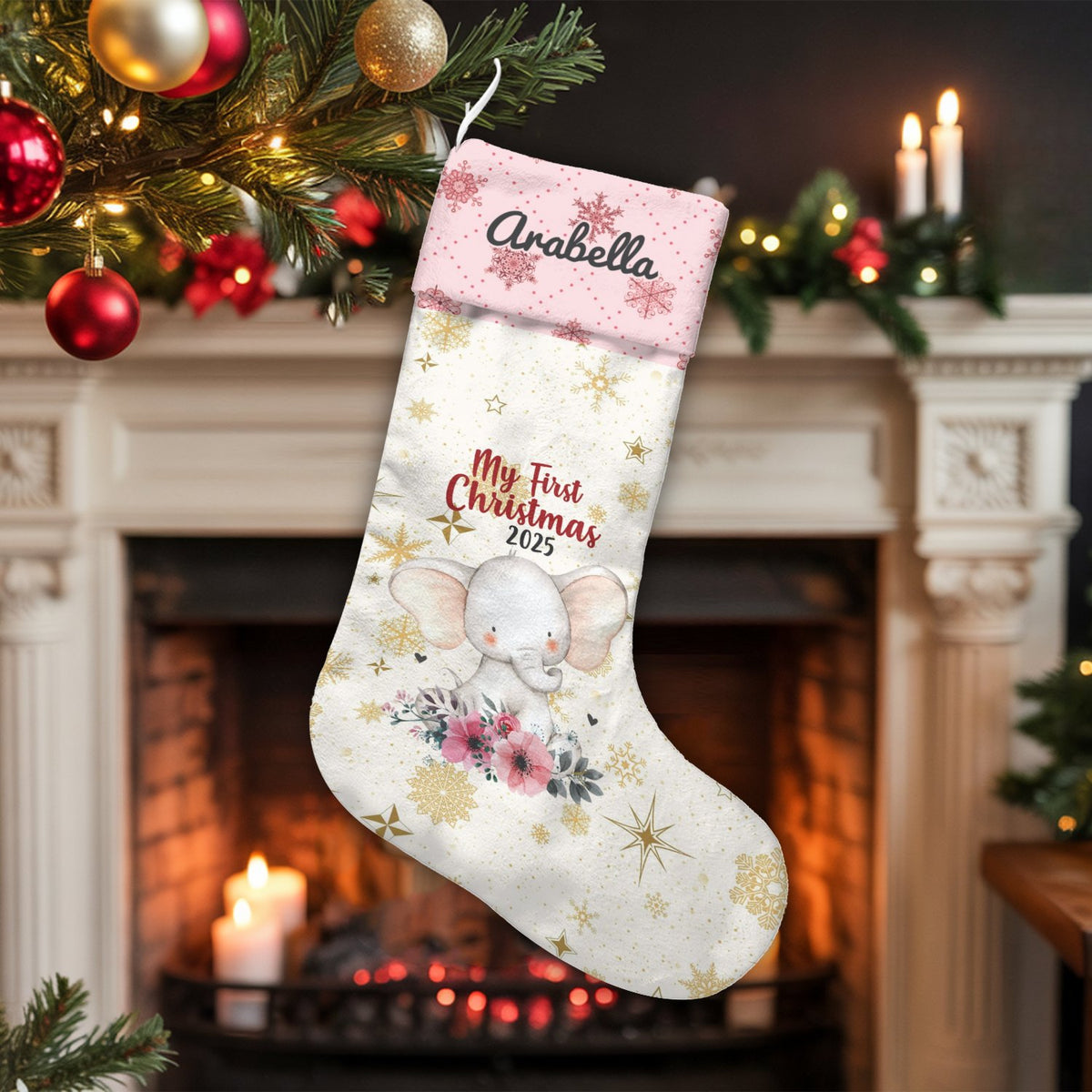 Custom Newborn 2025 Christmas Stocking, Personalized Elephant Baby First Christmas Stocking, Velboa Baby Holiday Stocking, Ke