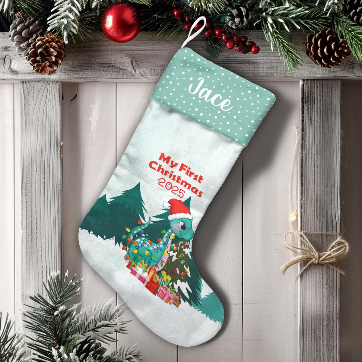 Baby First Christmas Stocking, Personalized Dinosaur Christmas Stocking, Custom Name Dino Holiday Stocking, Adorable Baby Sho