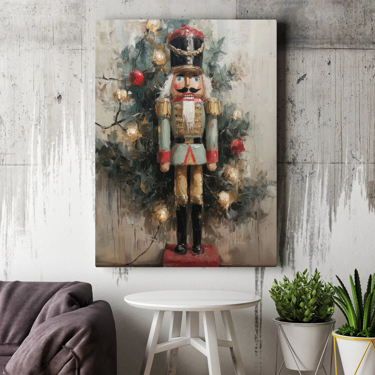 Christmas Tree Wall Art Canvas, Nutcracker Soldier Canvas Print, Impressionist Holiday Canvas Art, Festive Winter Wall Decor,