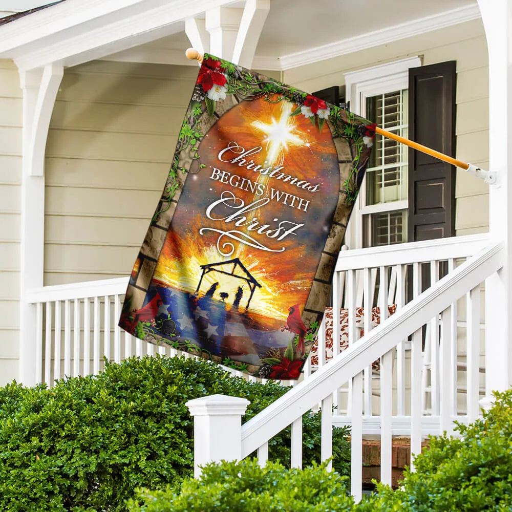 Holy Family Nativity Scene Yard Flag, Christmas Begins with Christ Garden Flag, Double-Sided Christian Christmas Lawn Flag, X
