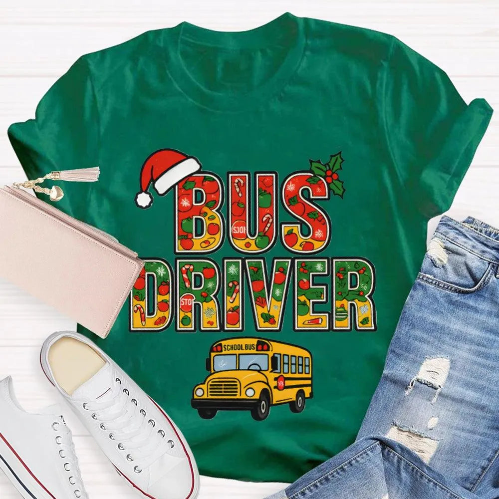 Santa Hat Bus Driver Graphic Tee, School Bus Driver Christmas T-Shirt, Humorous Holiday Driver Shirt, Transportation Staff Xm