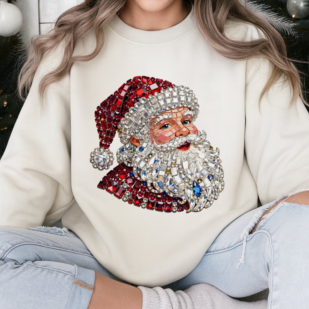 Sparkle Crystal Christmas Crewneck, Jewel Mosaic Santa Sweatshirt, Festive Santa Claus Pullover, Holiday Graphic Sweatshirt, 