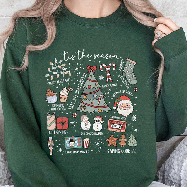 Retro Holiday Icons Graphic Sweatshirt, Tis the Season Christmas Sweatshirt, Winter Holiday Crewneck Sweater, Comfy Xmas Pull