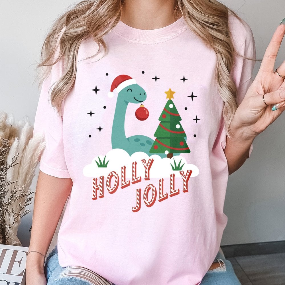 Adorable Festive Dino T-Shirt, Holly Jolly Dinosaur Christmas Shirt, Retro Holiday Dinosaur Graphic Tee, Xmas Dino Shirt, Fam