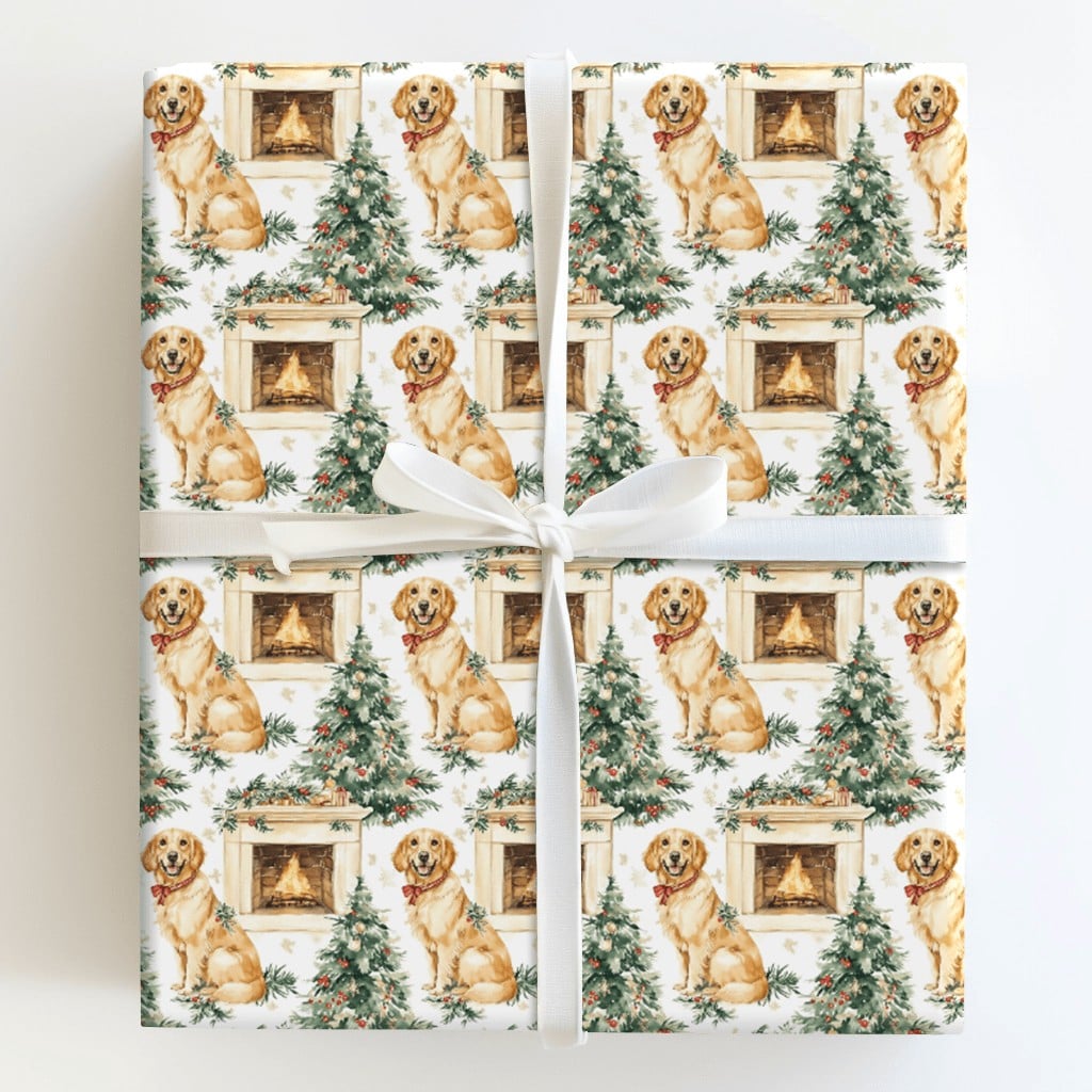 Dog Holiday Gift Wrap, Golden Retriever Christmas Wrapping Paper, Fireplace Dog Wrapping Paper, Adorable Puppy Gift Wrap, Pet