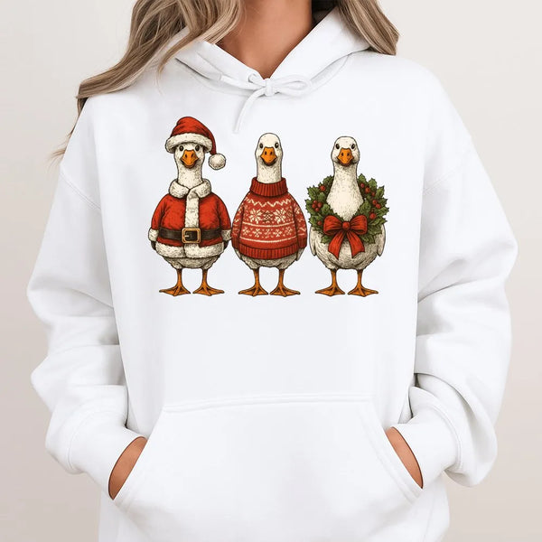 Humorous Santa Claus Geese Graphic Pullover, Christmas Goose Hoodie, Adorable Holiday Goose Sweatshirt, Winter Animal Lover H