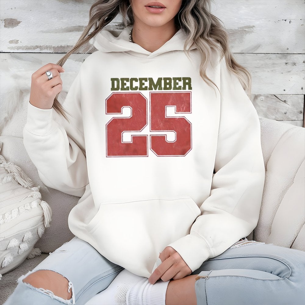 Retro Varsity Holiday Sweatshirt, December 25 Christmas Hoodie, Vintage 25 Number Hooded Pullover, Comfy Xmas Winter Hoodie, 
