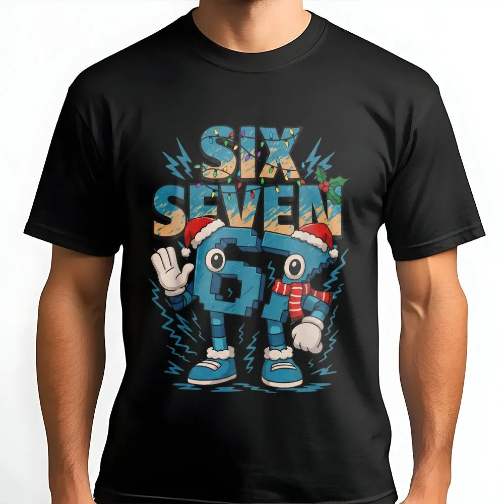 Humorous Gaming Character Holiday T-Shirt, Number 67 Christmas T-Shirt, Retro Gamer Meme Graphic T-Shirt, Xmas Video Game Tee