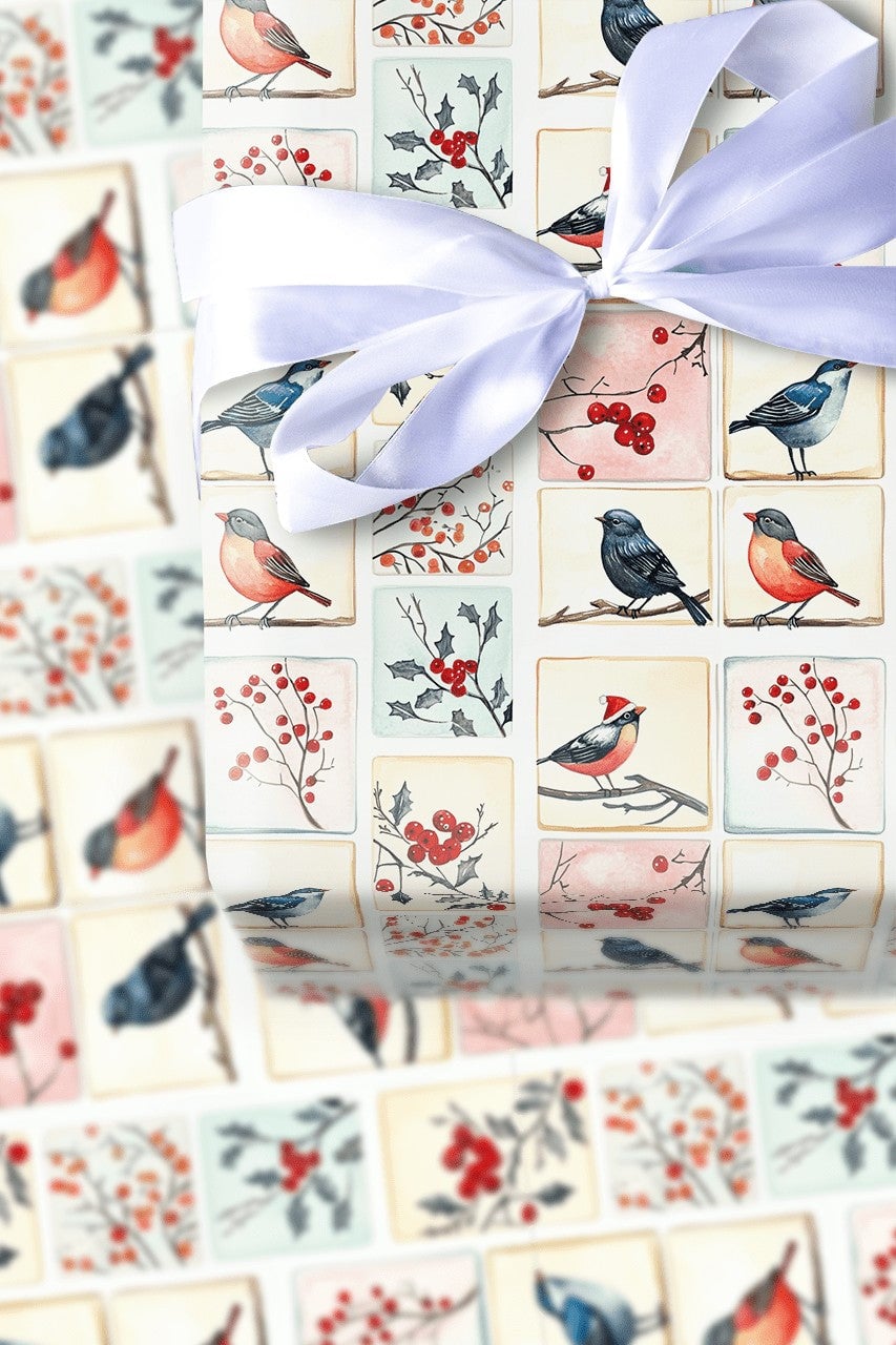 Watercolor Holiday Gift Wrap, Winter Bird Christmas Wrapping Paper, Festive Bird Tile Wrapping Paper, Nature Lover Xmas Wrapp