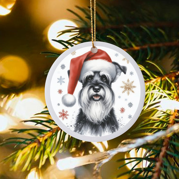Santa Hat Dog Ornament, Miniature Schnauzer Christmas Ornament, Festive Puppy Ceramic Ornament, Pet Lover Present, Xmas Tree 