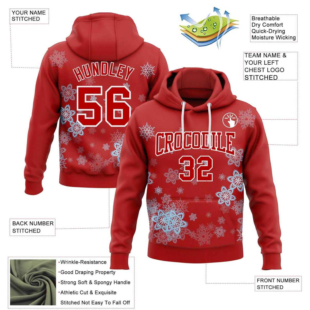 Personalized Name and Number Hoodie Pullover, Custom Snowflake Christmas Hoodie, Winter Holiday Sports Hoodie, Fan Game Day P