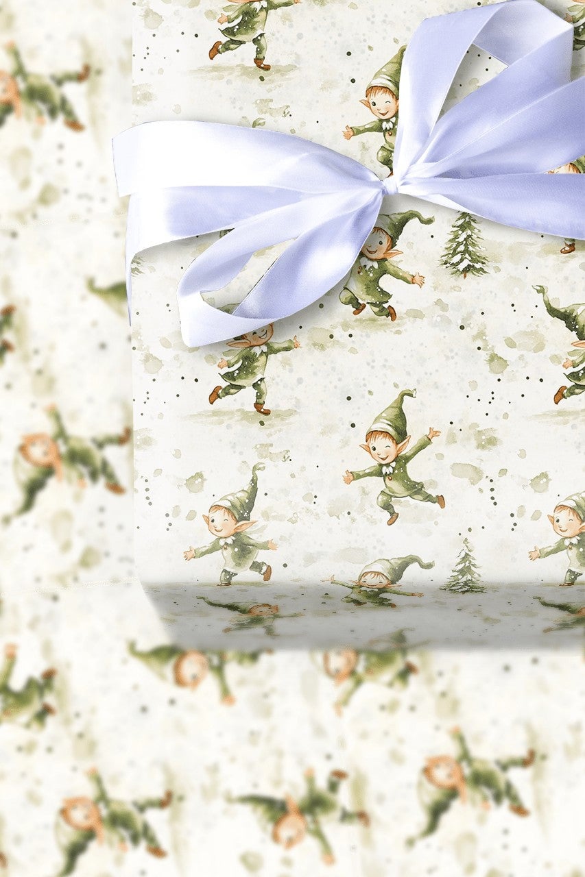 Watercolor Christmas Elves Gift Wrap, Dancing Elves Wrapping Paper, Festive Pine Tree Holiday Paper Roll, Adorable Elf Xmas W