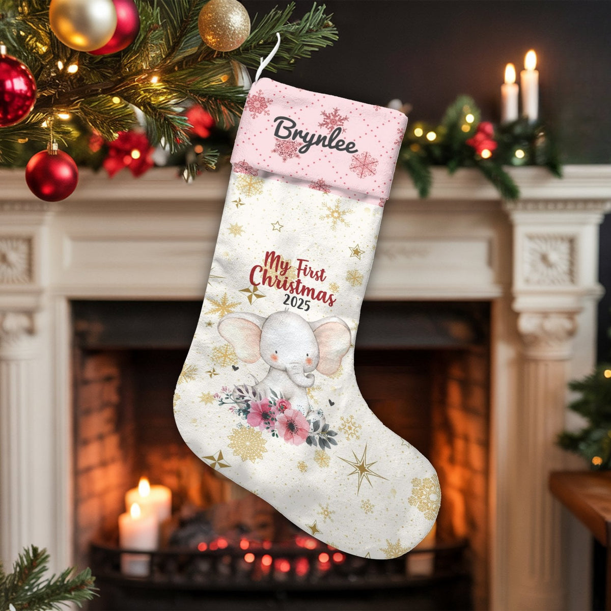 My First Christmas Stocking 2025, Personalized Baby Elephant Christmas Stocking, Baby Girl Floral Holiday Stocking, Custom Ke