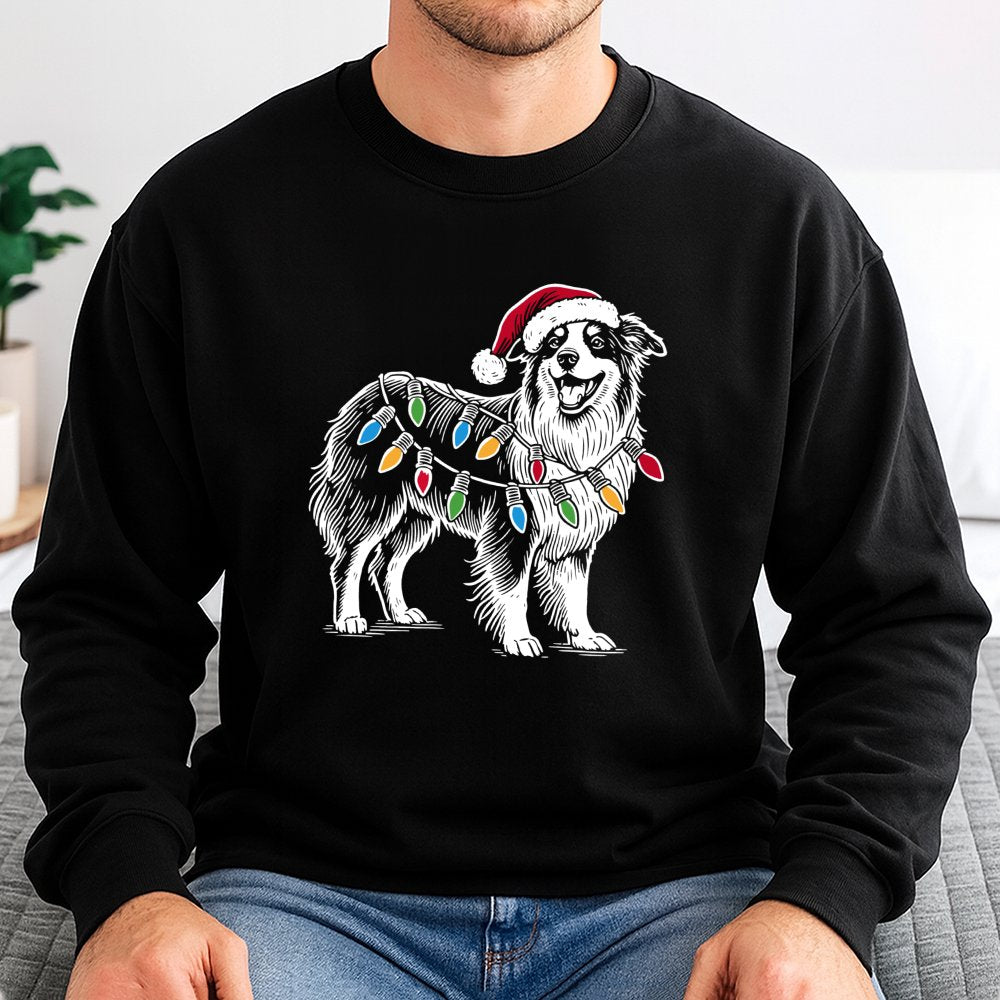 Aussie Santa Lights Sweatshirt, Australian Shepherd Christmas Sweatshirt, Adorable Shepherd Dog Holiday Sweater, Pet Lover Xm