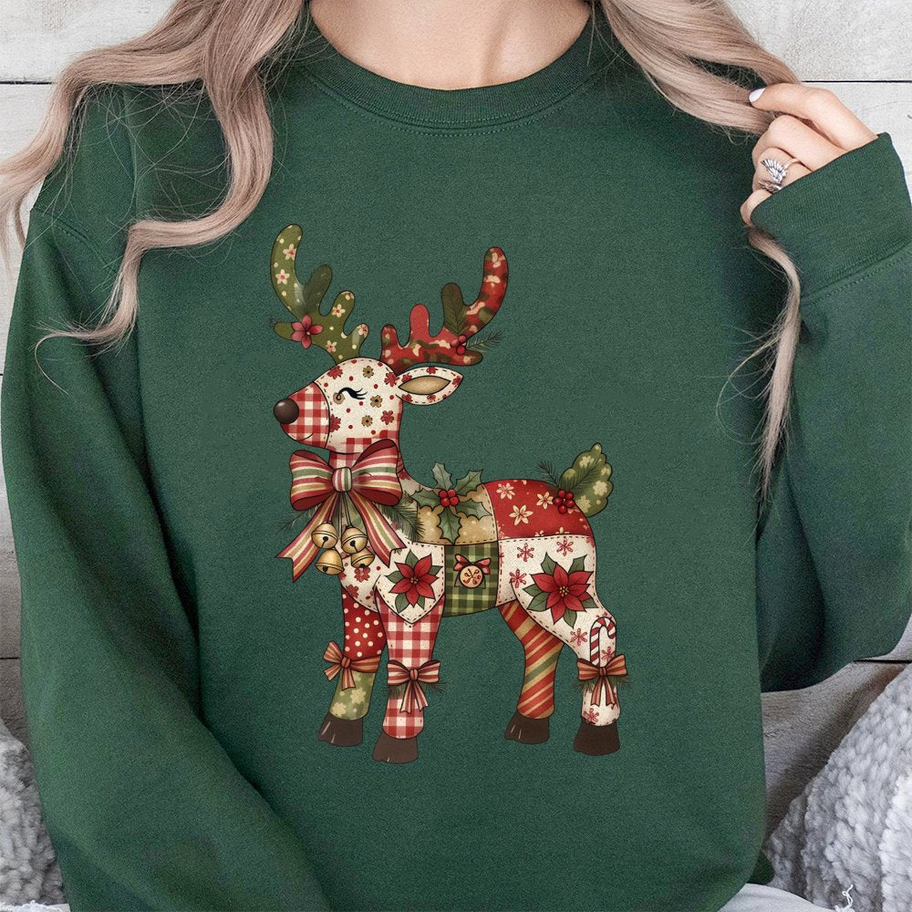 Floral Reindeer Shirt, Patchwork Reindeer Sweatshirt, Festive Christmas Reindeer Sweater, Comfy Holiday Crewneck Sweatshirt, 