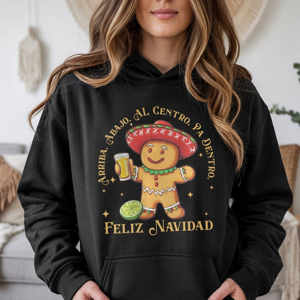 Humorous Mexican Christmas Drinking Sweatshirt, Feliz Navidad Gingerbread Hoodie, Latino Holiday Tequila Hooded Pullover, Xma