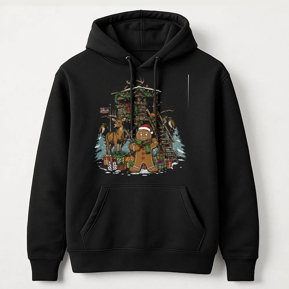 Christmas Deer Hunter Hoodie, Humorous Gingerbread Man Hunting Hoodie, Holiday Hunting Scene Hoodie, Adorable Xmas Outdoor Sw