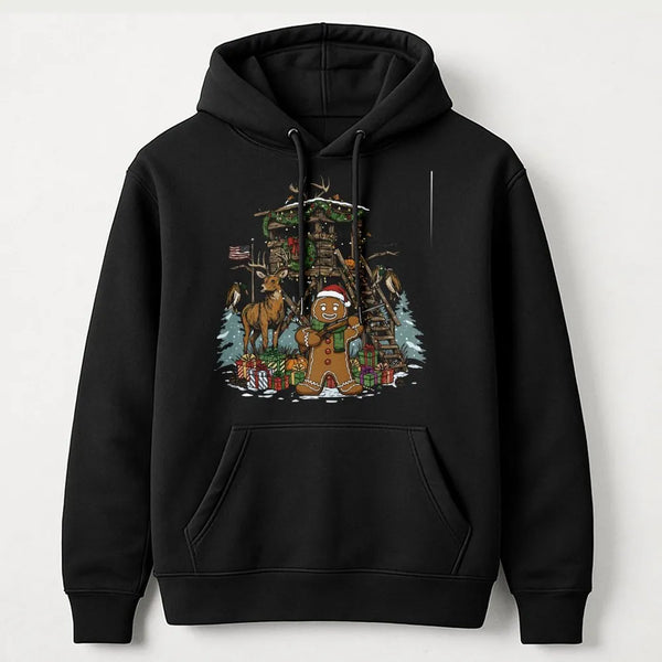 Christmas Deer Hunter Hoodie, Humorous Gingerbread Man Hunting Hoodie, Holiday Hunting Scene Hoodie, Adorable Xmas Outdoor Sw