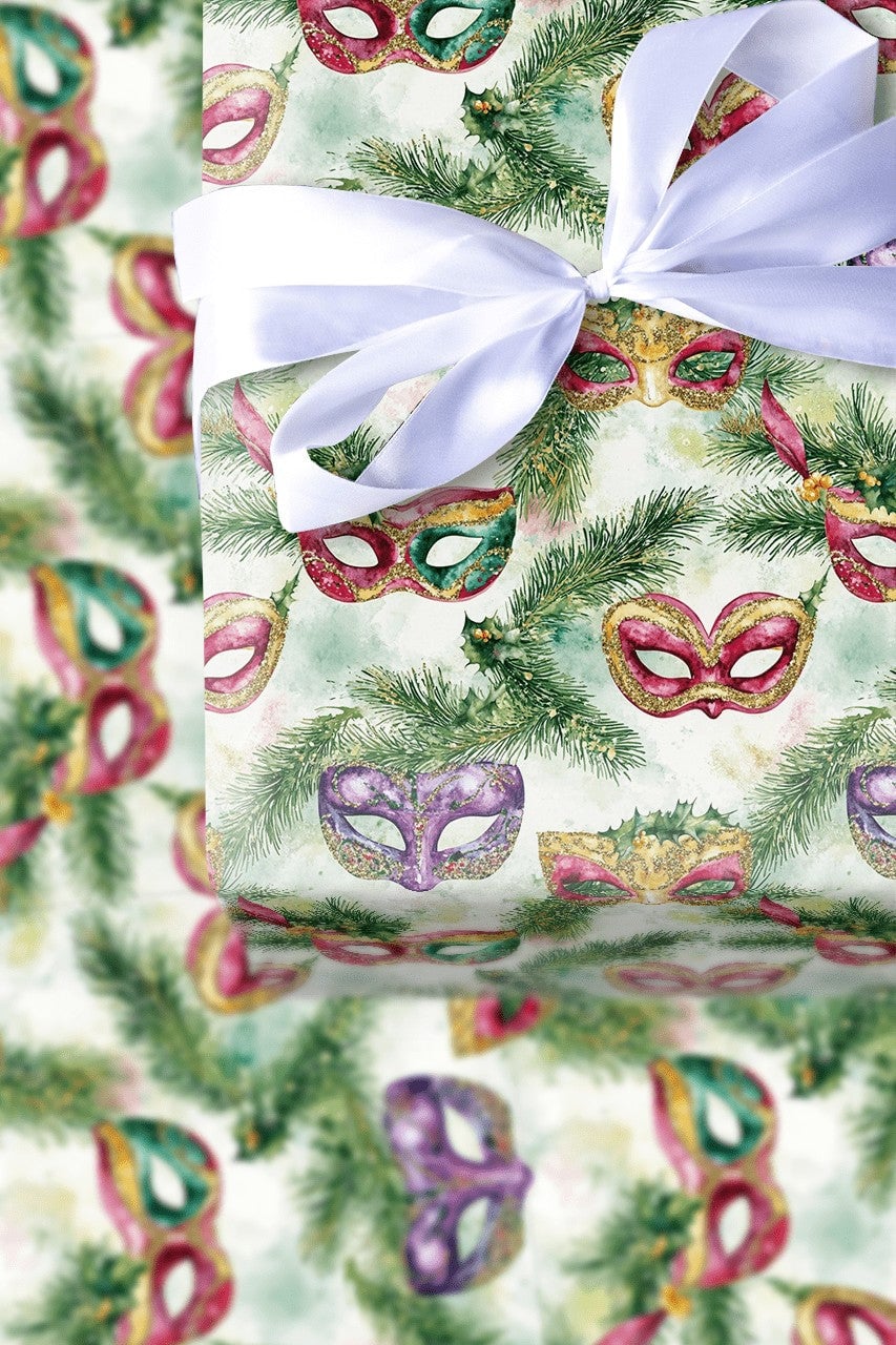 Venetian Mask Holiday Gift Wrap, Christmas Masquerade Wrapping Paper, Watercolor Festive Pine Gift Wrap, Winter Party Gift Wr